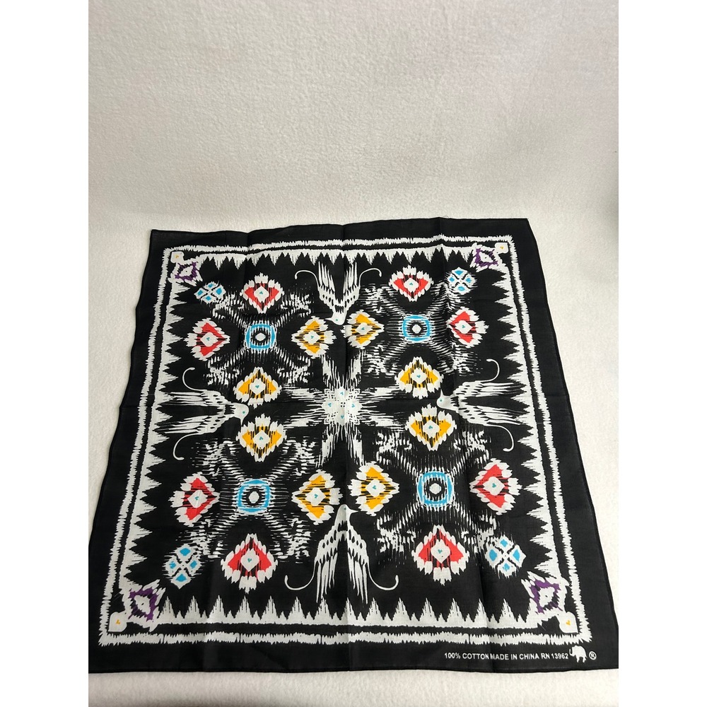 Western Boho Elephant Brand OS Black Ikat Bird Cotton Bandana Scarf